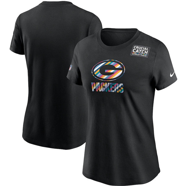 Women's Green Bay Packers 2020 Black Sideline Crucial Catch Performance NFL T-Shirt(Run Small)